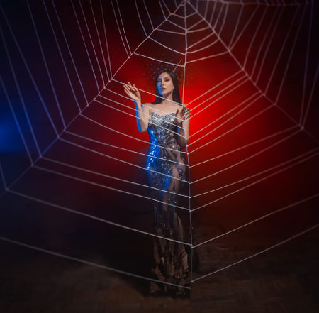 Fantasy photo of spider-queen woman in shiny silver dress, touching large cobweb with hands. Carnival costume black widow royal crown. Girl princess fashion model posing in studio red light backgroundの写真素材
