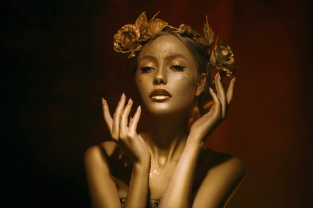 Portrait Closeup Beauty fantasy woman, face in gold paint. Golden shiny skin. Fashion model girl,...