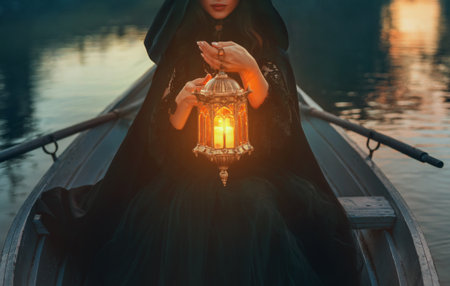 close-up body part hand holding lantern warm light cropped face lips. fantasy gothic woman floating in boat down river night nature. witch girl in wooden ship, lake fog. Black dress cape hood on headの写真素材