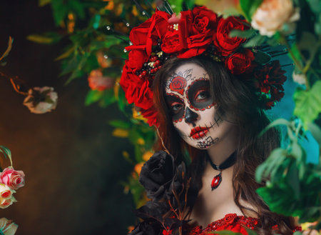 Closeup beauty face woman sugar skull make-up art paint, hand holding waving with black lace fan. eyes lips red dress roses flowers on head. Girl Calavera in dark night green garden trees blue fog.の写真素材