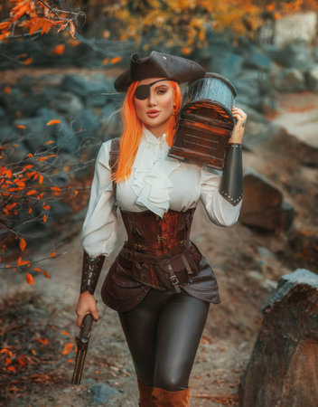 Art photo real person beauty woman one-eyed pirate holds in hands carries old style brown chest...