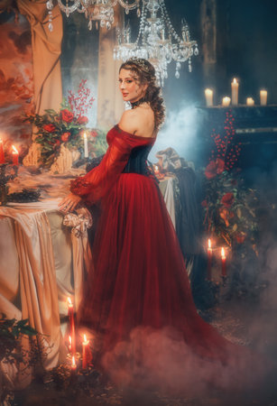 Portrait real person beauty face mystery woman queen in dark night black room masquerade ball royal themed party. Blonde hair girl. sexy eyes woman lady queen victorian old style royal long red dressの写真素材