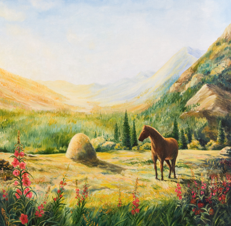 Mountain landscape with horse. Oil painting on canvasの写真素材