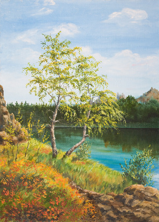 Autumn birches by the lake. Oil painting on canvas.の写真素材