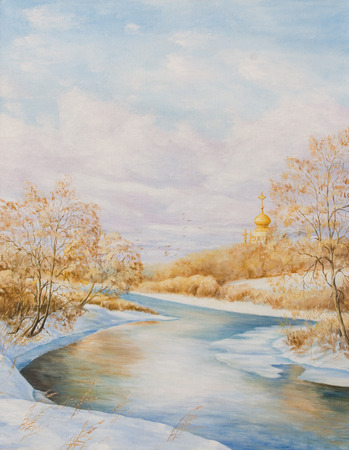 Winter landscape with a river. Oil painting on canvasの写真素材
