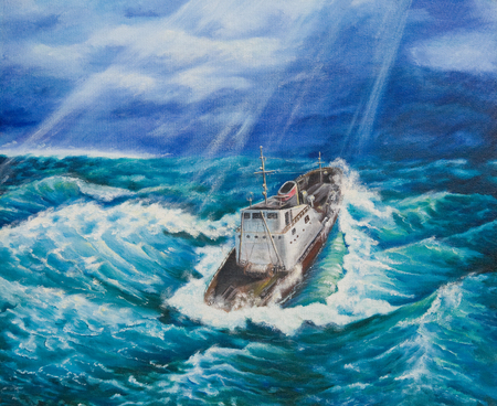 Oil painting on canvas.Ship in a stormy seaの写真素材