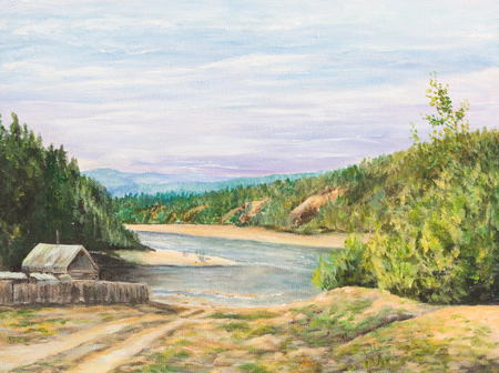 House on the taiga river. Oil painting on canvasの写真素材