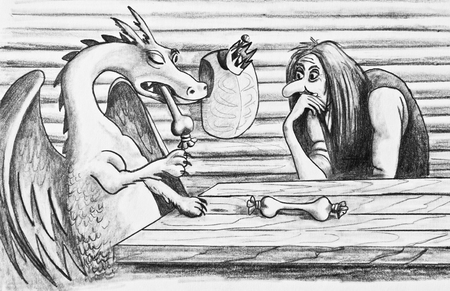 The dragon and the old witch are having lunch at the table. Fairy caricature. Pencil drawing on paperの写真素材