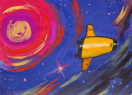 Fantastic spaceship flies to a bright starの写真素材