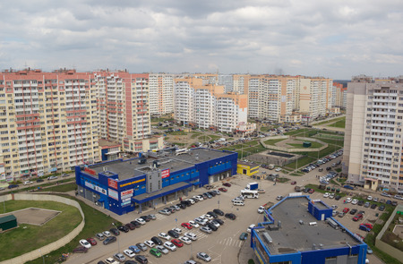 KRASNODAR,RUSSIA- MARCH 27, 2016: Top view of the city of Krasnodar. East Kruglikovskaya street is a new district of the city.のeditorial素材