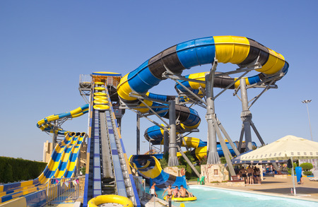 ANAPA, RUSSIA - AUGUST 5, 2017: Water Park "Golden beach". Water slides and attractionsのeditorial素材