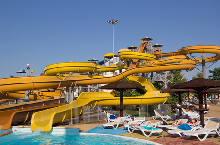ANAPA, RUSSIA - AUGUST 5, 2017: Water Park "Golden beach". Water slides and attractionsのeditorial素材
