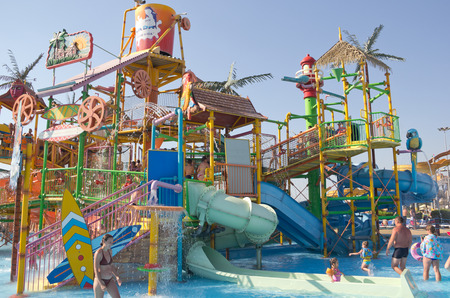 ANAPA, RUSSIA - AUGUST 5, 2017: Water Park "Golden beach". Water slides and attractionsのeditorial素材