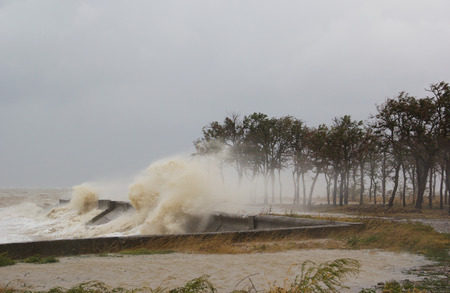 A hurricane at sea. Large waves through a concrete parapet