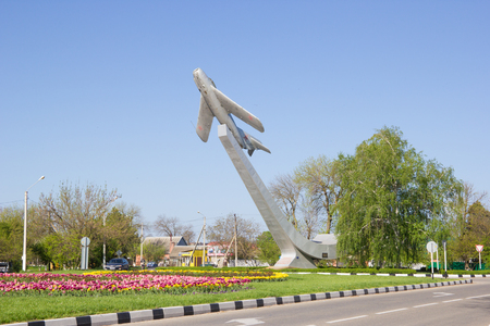 Primorsko-Akhtarsk, Russia - April 30, 2017: Monument to pilot-test Grigory Bakhchivandzhi. MiG -17 fighter on the pedestalのeditorial素材