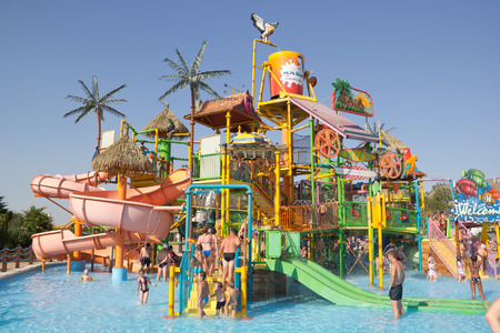 ANAPA, RUSSIA - AUGUST 5, 2017: Water Park "Golden beach". Water slides and attractionsのeditorial素材