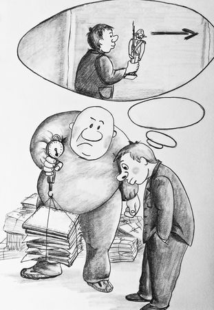 Teenager gives books on recycling and wants to take the tin soldier.Caricatureの写真素材