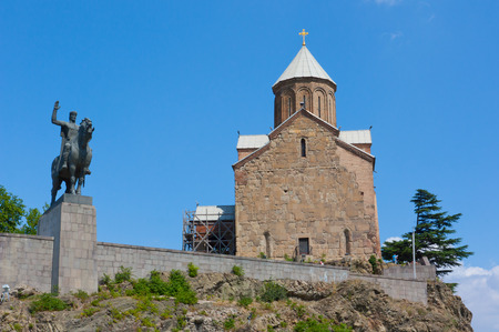 Tbilisi, Georgia - August 7,2013: Virgin Mary Metekhi church with Vakhtang I Gorgasali statue in...
