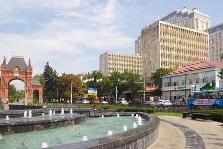 Krasnodar, Russia - August 17, 2016: The fountain in the center of Krasnodar. Krasnodar - a major city in the South of Russiaのeditorial素材