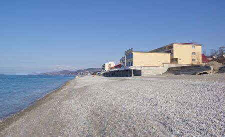 Sochi, Russia - March 24, 2017: Deserted beach in early spring. The Black sea coast in the district of Sochi, Loo,Krasnodar Krai, Russia.のeditorial素材