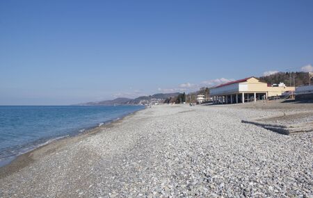 Loo, Krasnodar Krai, Russia-March 24, 2017: On the Black sea coast. Deserted beach in early springのeditorial素材