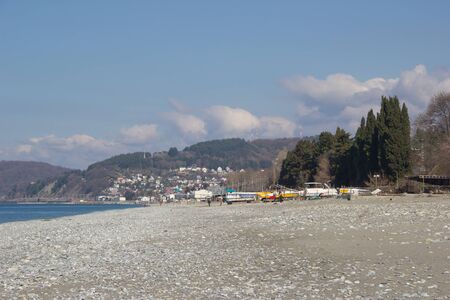 Loo, Krasnodar Krai, Russia-March 24, 2017: On the Black sea coast. Deserted beach in early springのeditorial素材