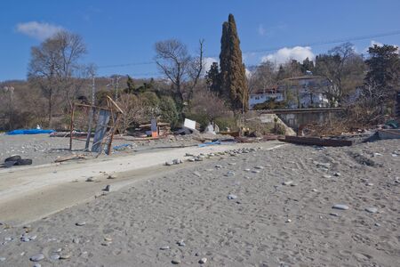 Loo, Krasnodar Krai, Russia-March 24, 2017: On the Black sea coast. Deserted beach in early springのeditorial素材