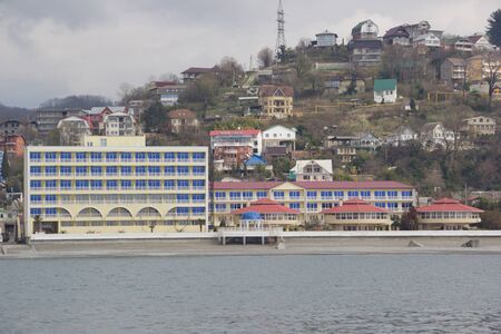 Loo, Krasnodar Krai, Russia- March 24, 2017: Resorts and holiday homes on The black sea in the vicinity of Sochi. Landscapes villages Uch-Dere, Loo and Dagomys on a cloudy day from the seaのeditorial素材