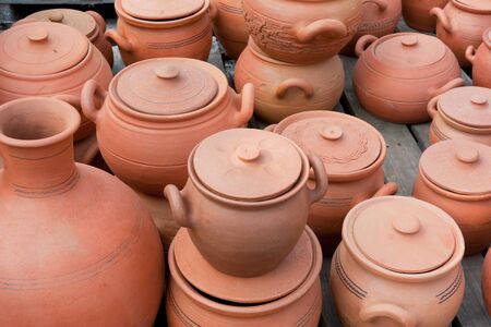 Brown clay pots for products. Earthenware on the market. the Republic of Georgia. The Caucasusの写真素材
