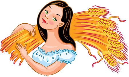 Young girl carries ears of wheat. Vector illustrationのイラスト素材