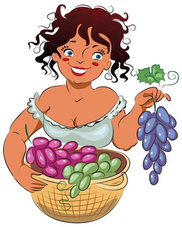 Friendly girl holding a branch of ripe grapes. Vector illustrationのイラスト素材