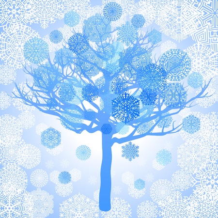 Blue snowflakes on the tree, vector illustrationのイラスト素材
