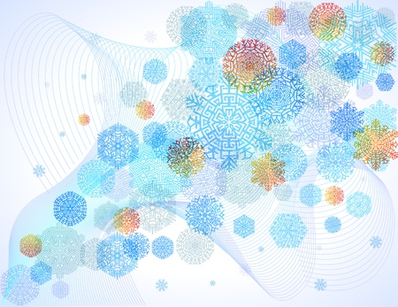 multi-colored snowflakes, snowstorm, blue abstract backgroundの写真素材