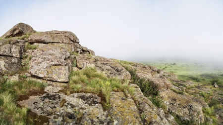 Misty mountain landscape, boulders  Panoramaの写真素材