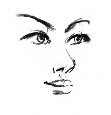 Female silhouette, Portrait of beautiful girl, Drawing in pencilの写真素材