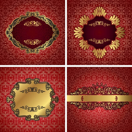 Vintage gold frame on red damask background, vectorのイラスト素材