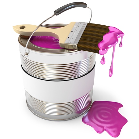 Colored paint buckets with paint brush on top, 3d renderの写真素材