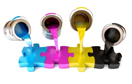 Paint from the bucket fills in the puzzle view of CMYK colorsの写真素材