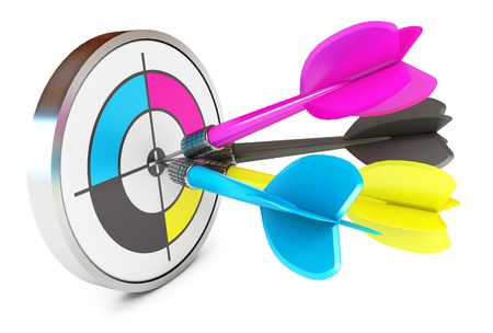 Darts hitting directly in bulls eye, CMYK, Conceptualの写真素材