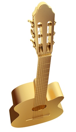 Golden guitar isolated on white background, 3d renderの写真素材