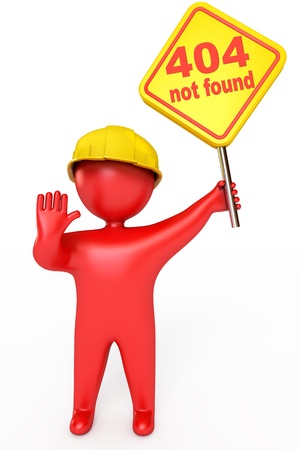 Red puppet man in a helmet holding a plate, Error 404 not foundの写真素材