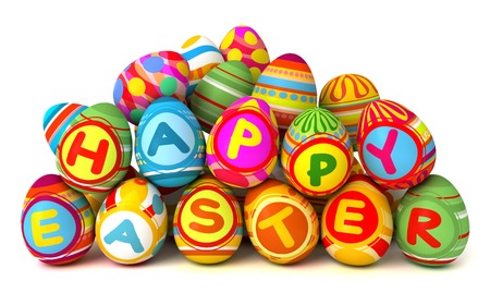 Happy Easter. Pile of eggs. Conceptual illustration. Isolated on white background. 3d renderの写真素材