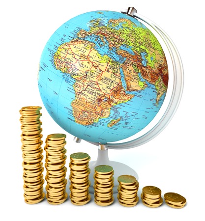 Globe on the pile of coins. Chart made of gold coins. Conceptual illustration. Isolated on white backgroundの写真素材