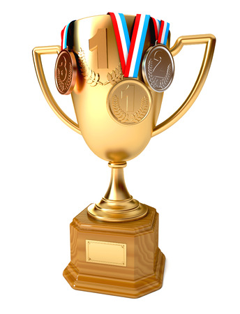 Gold cup of the winner with gold, silver and bronze medals. Conceptual illustration. Isolated on white background. 3d renderの写真素材