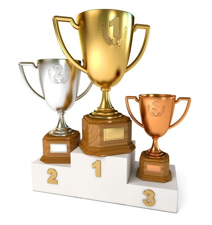 Gold, silver and bronze cup. Conceptual illustration. Isolated on white background. 3d renderの写真素材