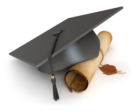 Graduation cap and diploma. Conceptual illustration. Isolated on white background. 3d renderの写真素材