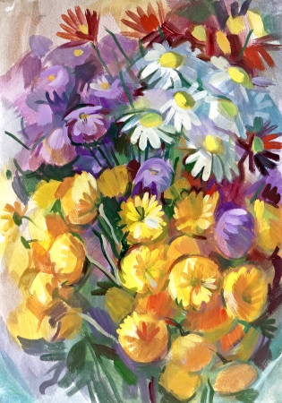 Still life a bouquet of flowers. Hand-drawn in gouacheの写真素材