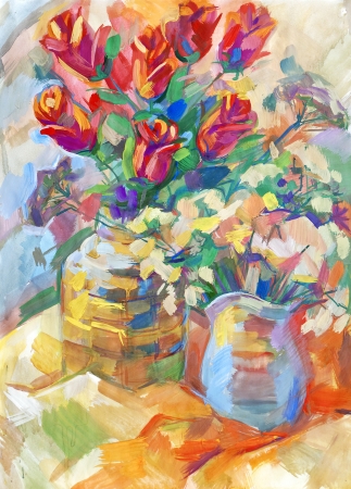 Still life a bouquet of flowers. Hand-drawn in gouacheの写真素材