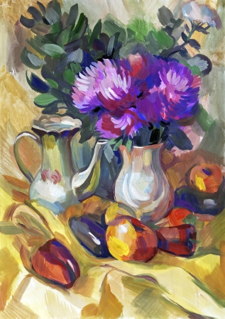 Still life a bouquet of flowers. Hand-drawn in gouacheの写真素材