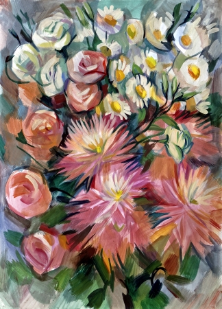 Still life a bouquet of flowers. Hand-drawn in gouacheの写真素材